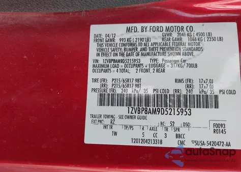 2013 Ford Mustang V6 z USA, uszkodzony, nr VIN 1ZVBP8AM9D5215953